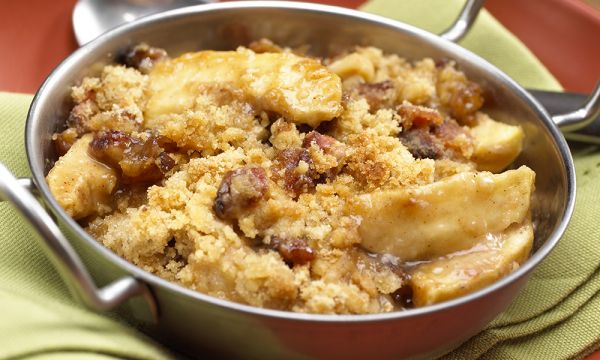 Sticky Toffee Apple Crisp with Candied Bacon Streusel