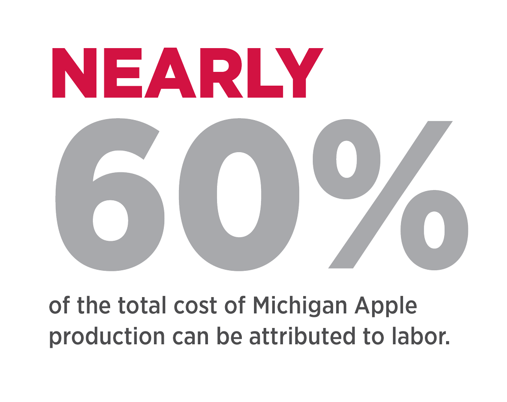 Nearly 60% of the total cost of Michigan Apple production can be attributed to labor Nearly 60% of the total cost of Michigan Apple production can be attributed to labor