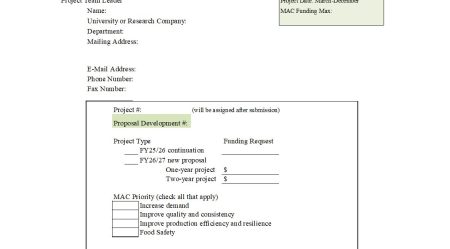 Research Cover Letter 2026 Michigan Apple Committee project proposal cover page with form fields for title, team leader, department, mailing and contact info, plus a bordered proposal form showing Project # and Proposal Development #, funding and MAC priority options.
