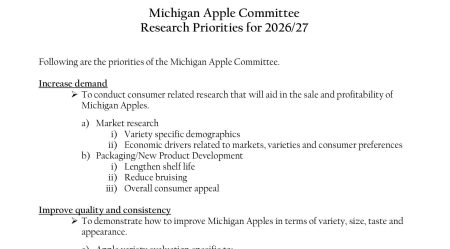Research Priorities 2026 Michigan Apples logo and the title 'Michigan Apple Committee Research Priorities for 2026/27' on the page header.