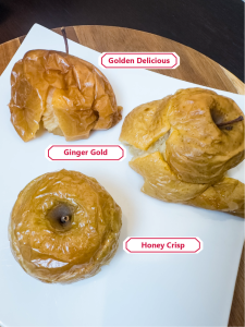 Baking with apples: Ginger Gold broke down to mush almost immediately, followed closely by Golden Delicious, with Honeycrisp taking a bit longer.